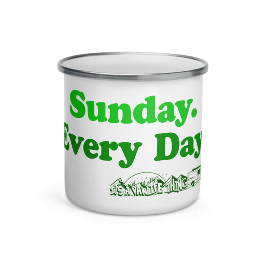 Enamel Mug with “Sunday Every Day” logo