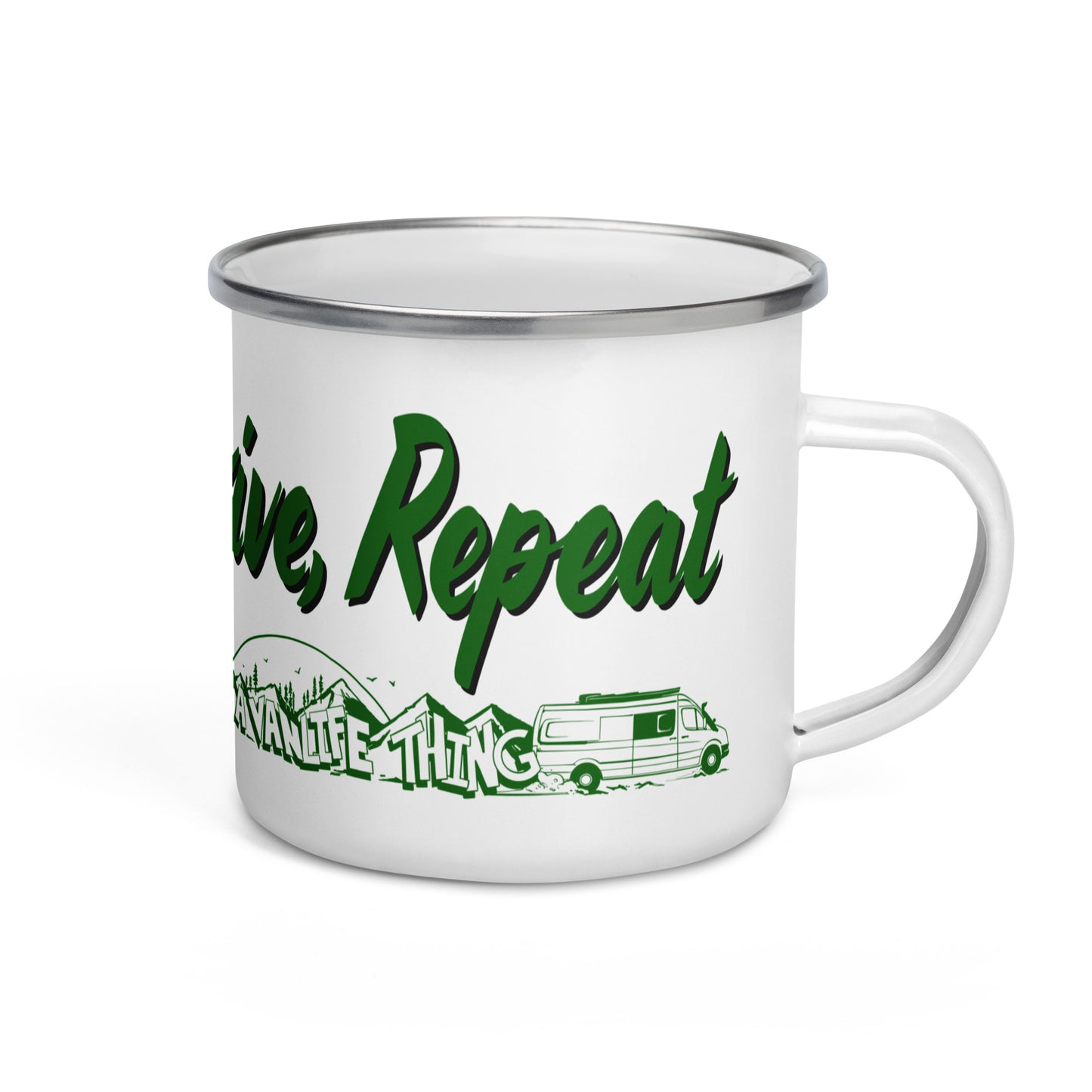 Enamel Mug with “Eat Sweep Drive Repeat” logo