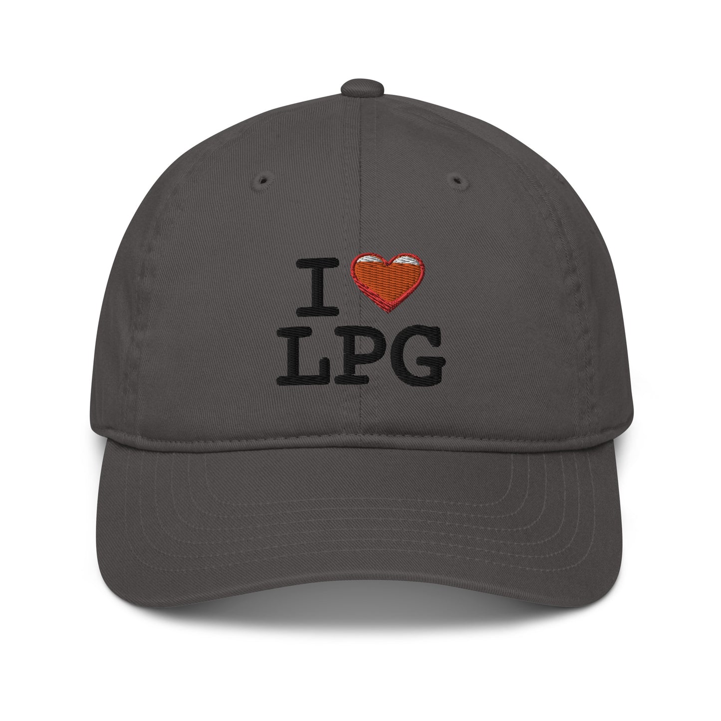 Organic dad hat with “I H LPG” logo