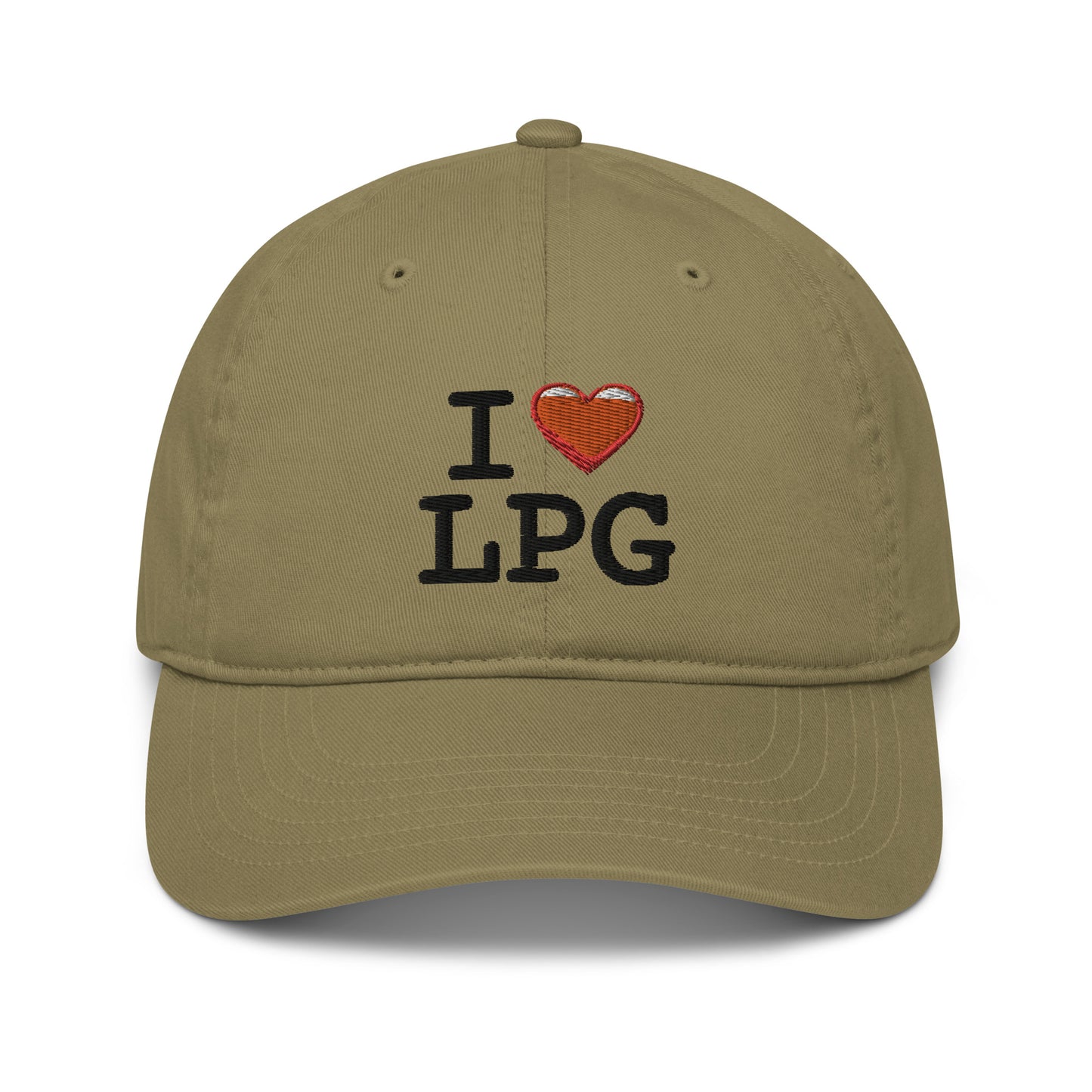 Organic dad hat with “I H LPG” logo