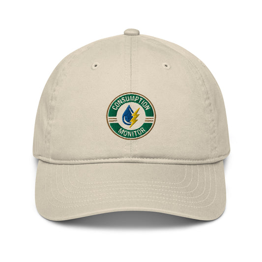 Organic dad hat with “Consumption Monitor" logo embroidered