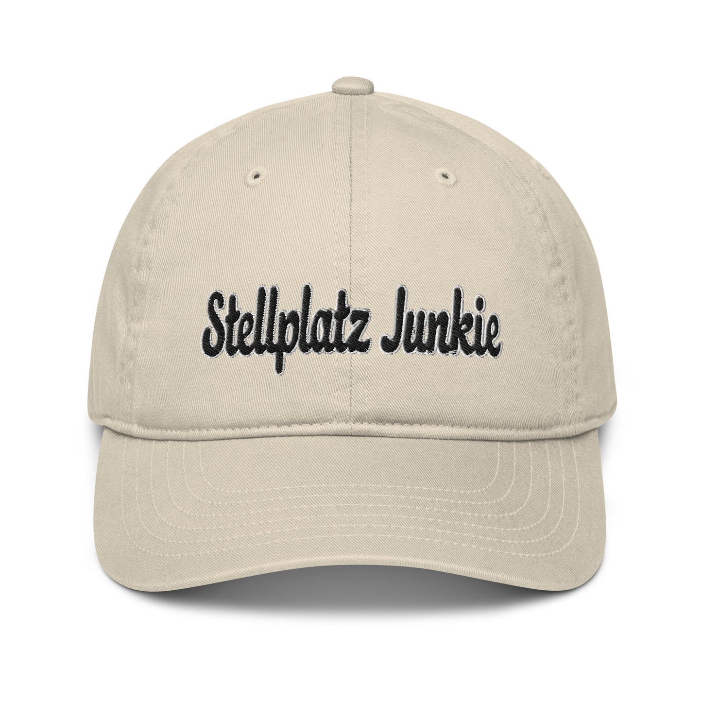 Organic dad hat with “Stellplatz Junkie” logo embroidered