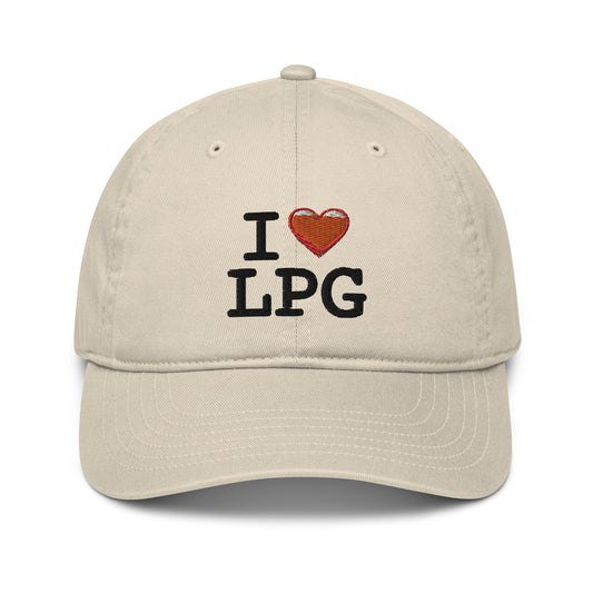 Organic dad hat with “I H LPG” logo