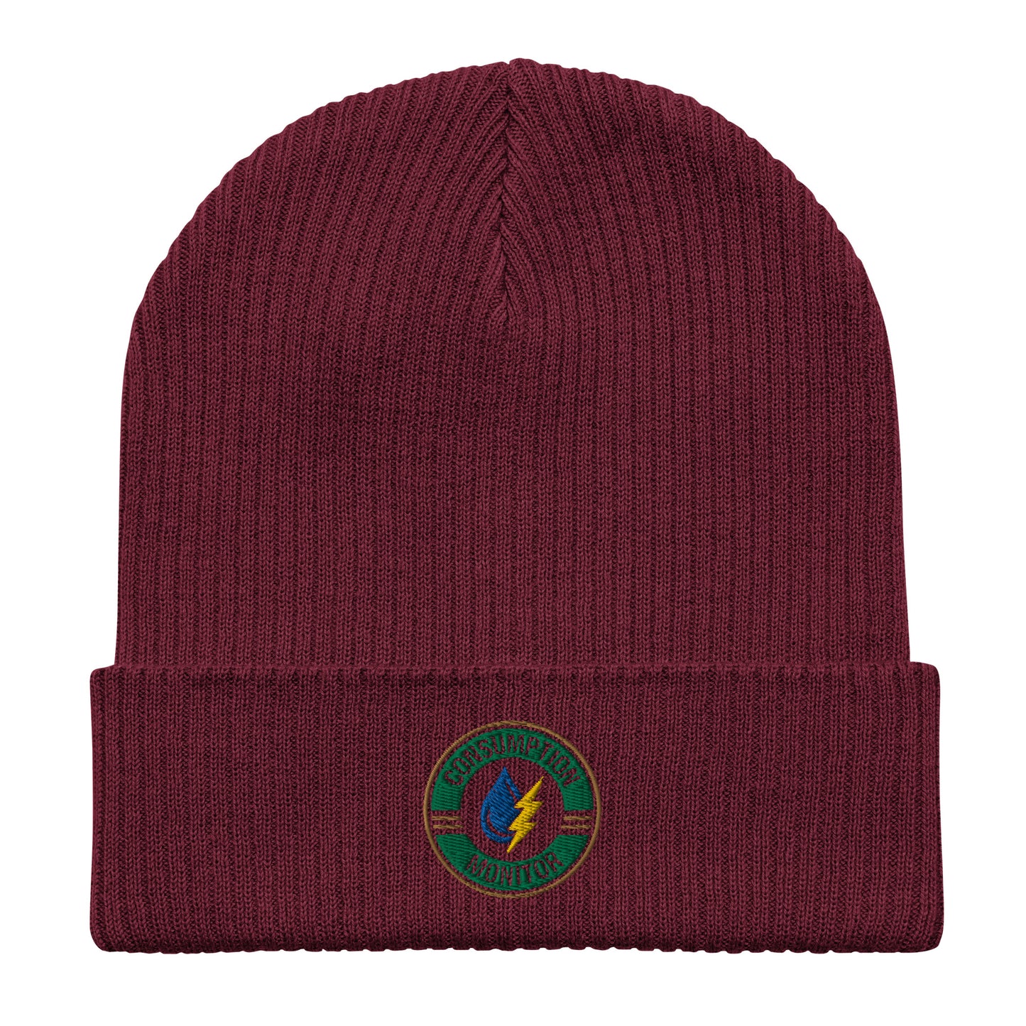 Organic ribbed beanie with “Consumption Monitor" logo embroidered