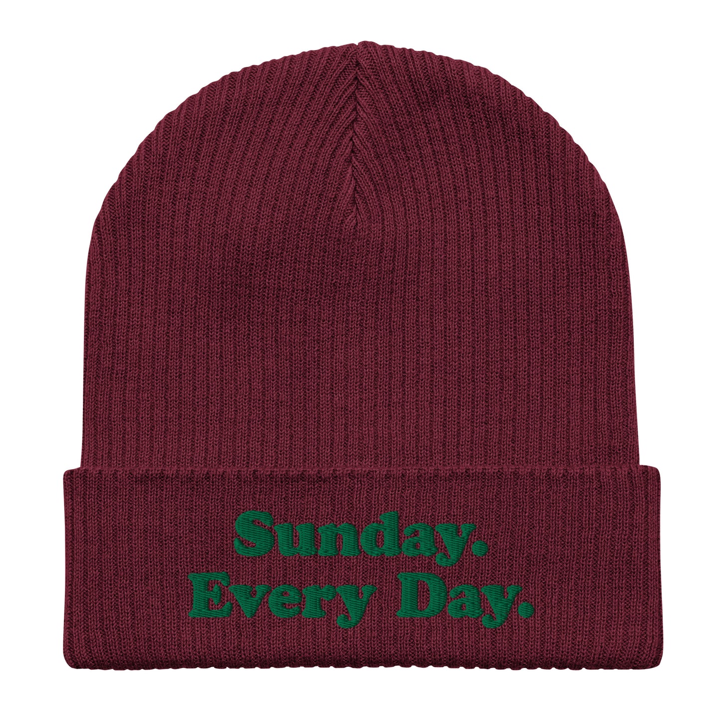 Organic ribbed beanie with “Sunday Every Day” logo embroidered