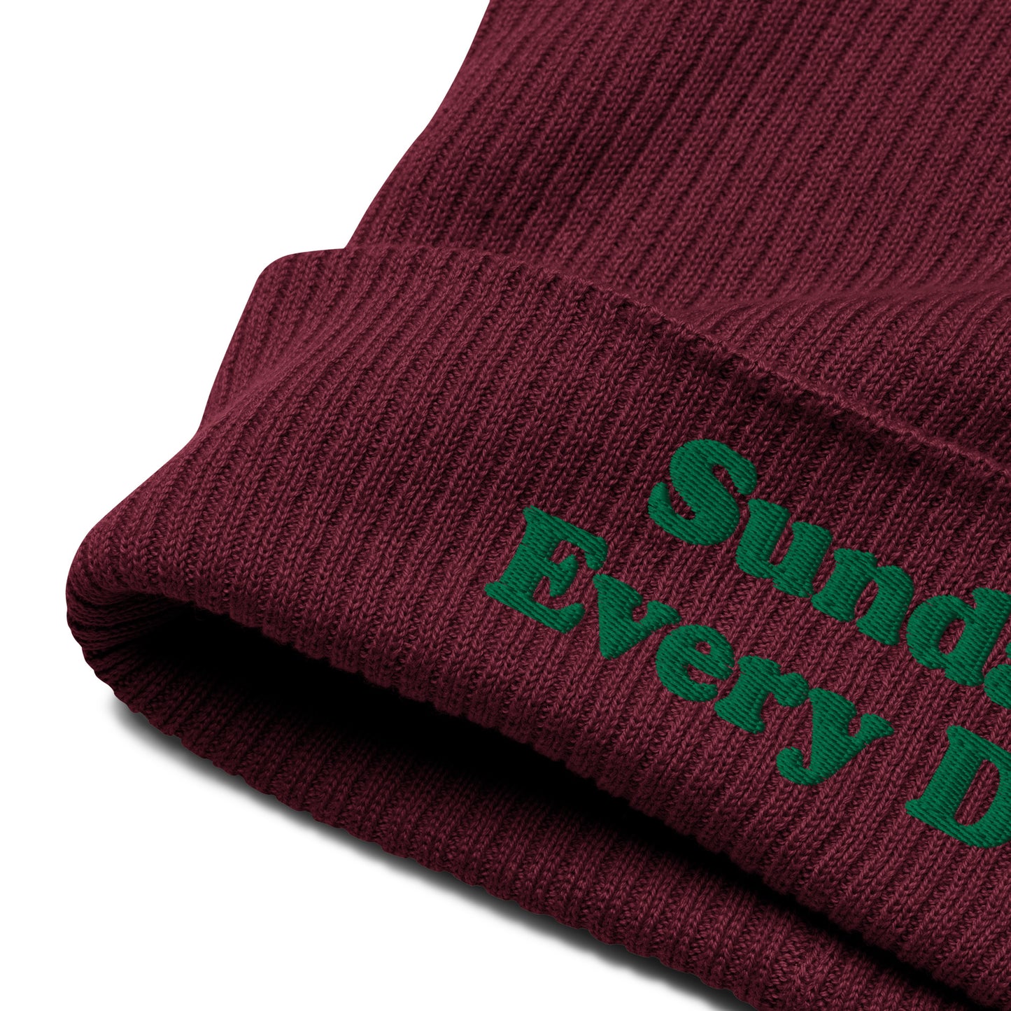 Organic ribbed beanie with “Sunday Every Day” logo embroidered