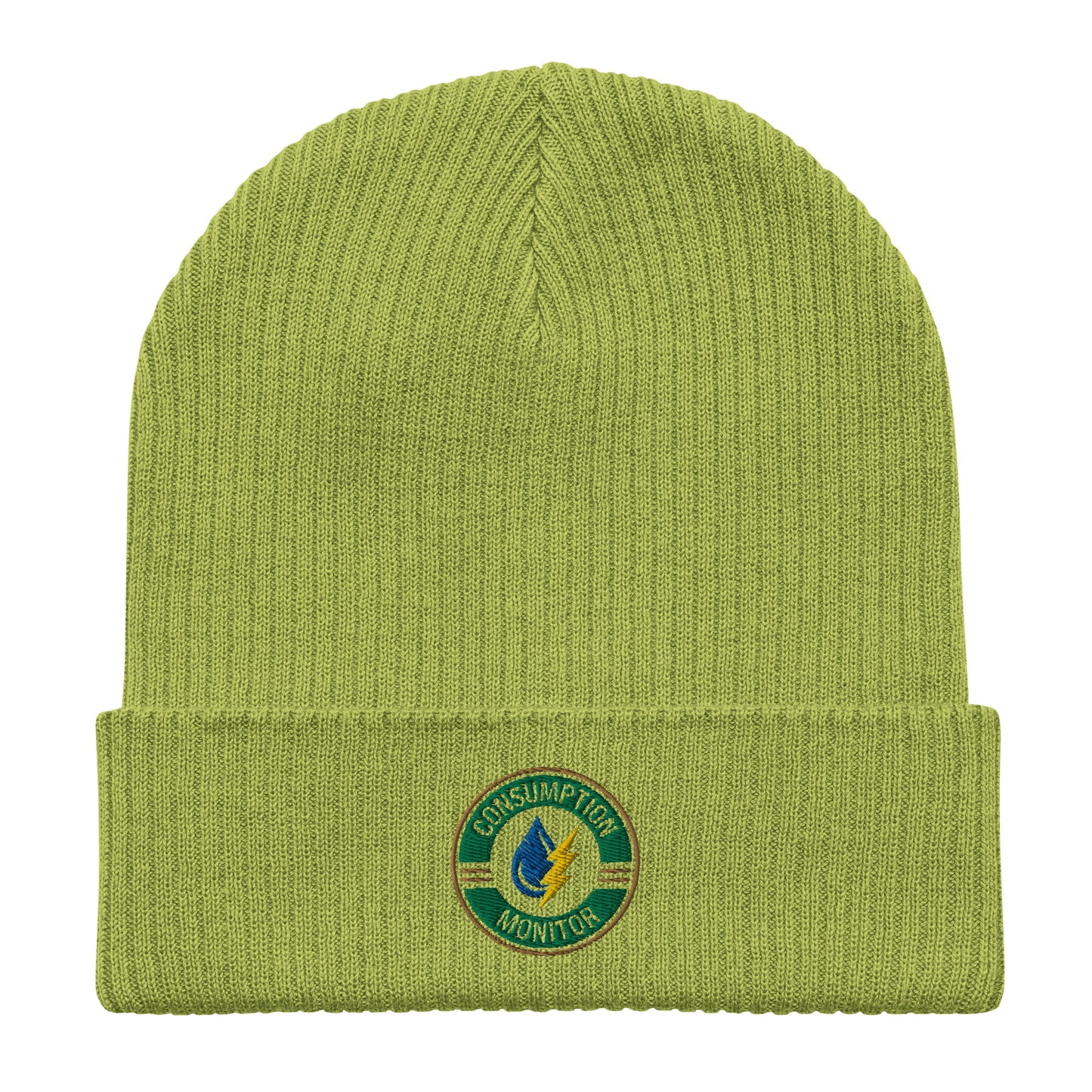 Organic ribbed beanie with “Consumption Monitor" logo embroidered