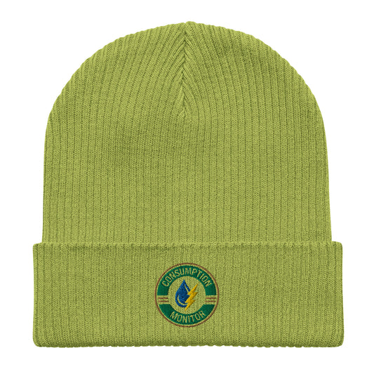 Organic ribbed beanie with “Consumption Monitor" logo embroidered