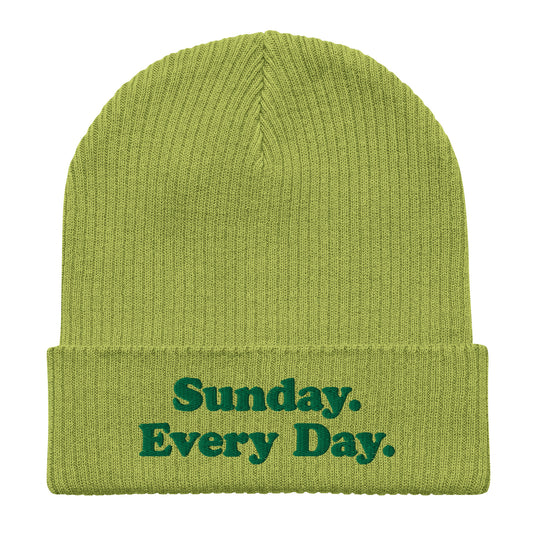 Organic ribbed beanie with “Sunday Every Day” logo embroidered