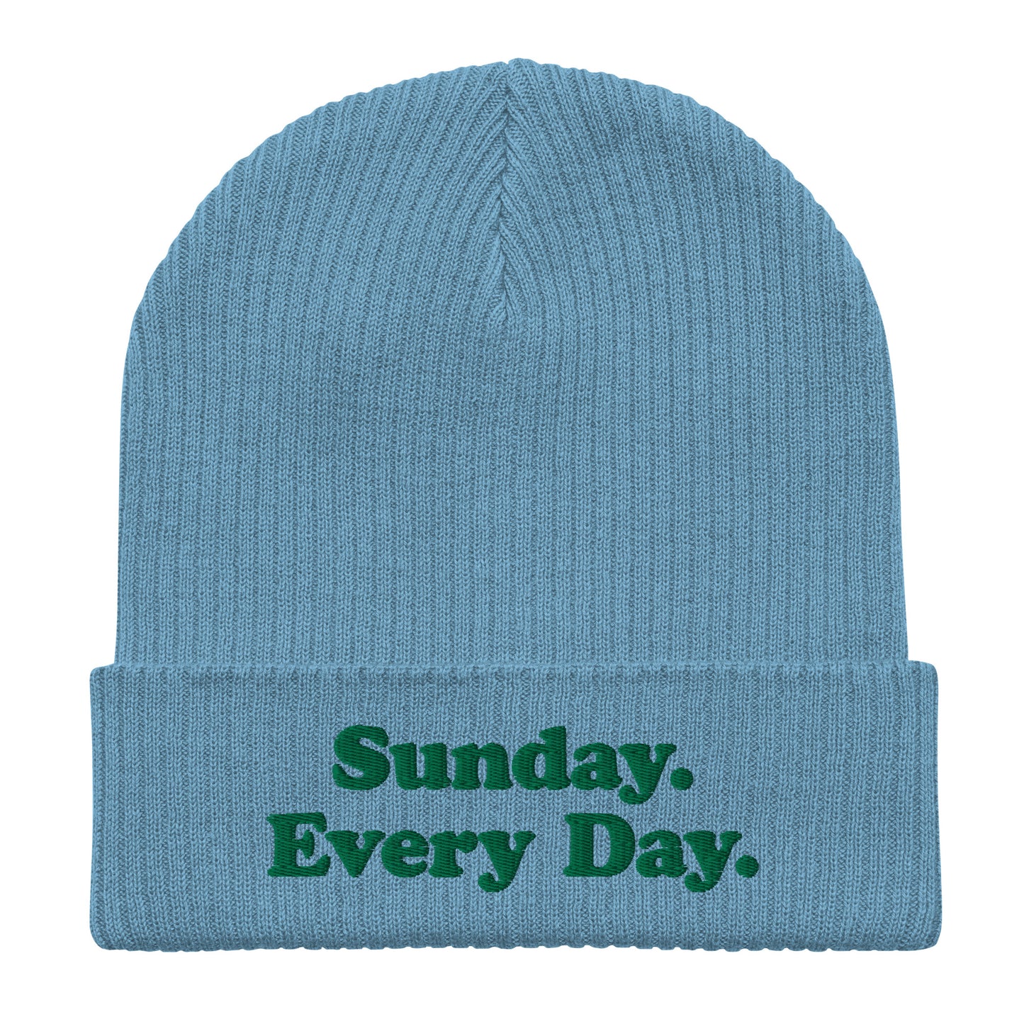 Organic ribbed beanie with “Sunday Every Day” logo embroidered