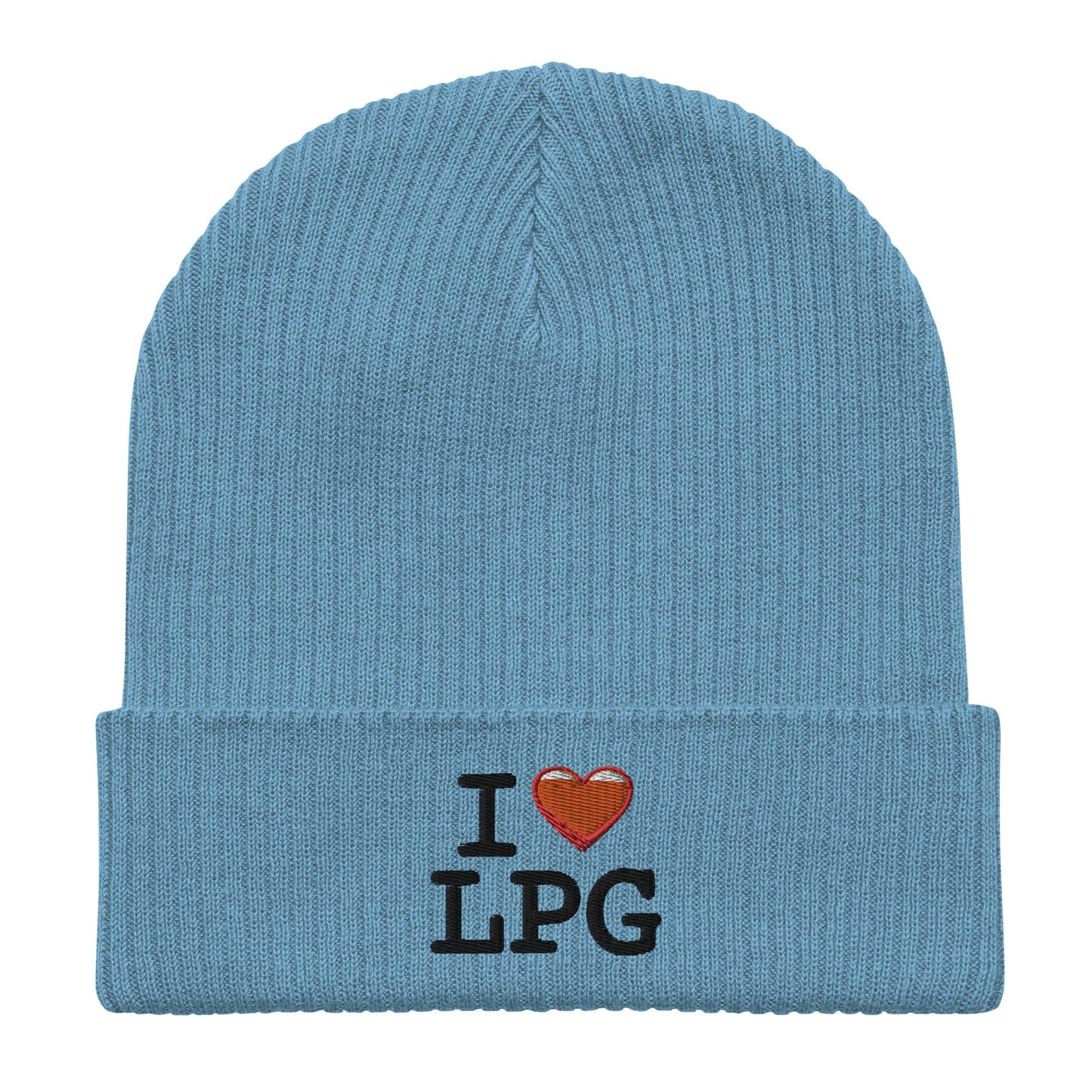 Organic ribbed beanie with “I H LPG” logo