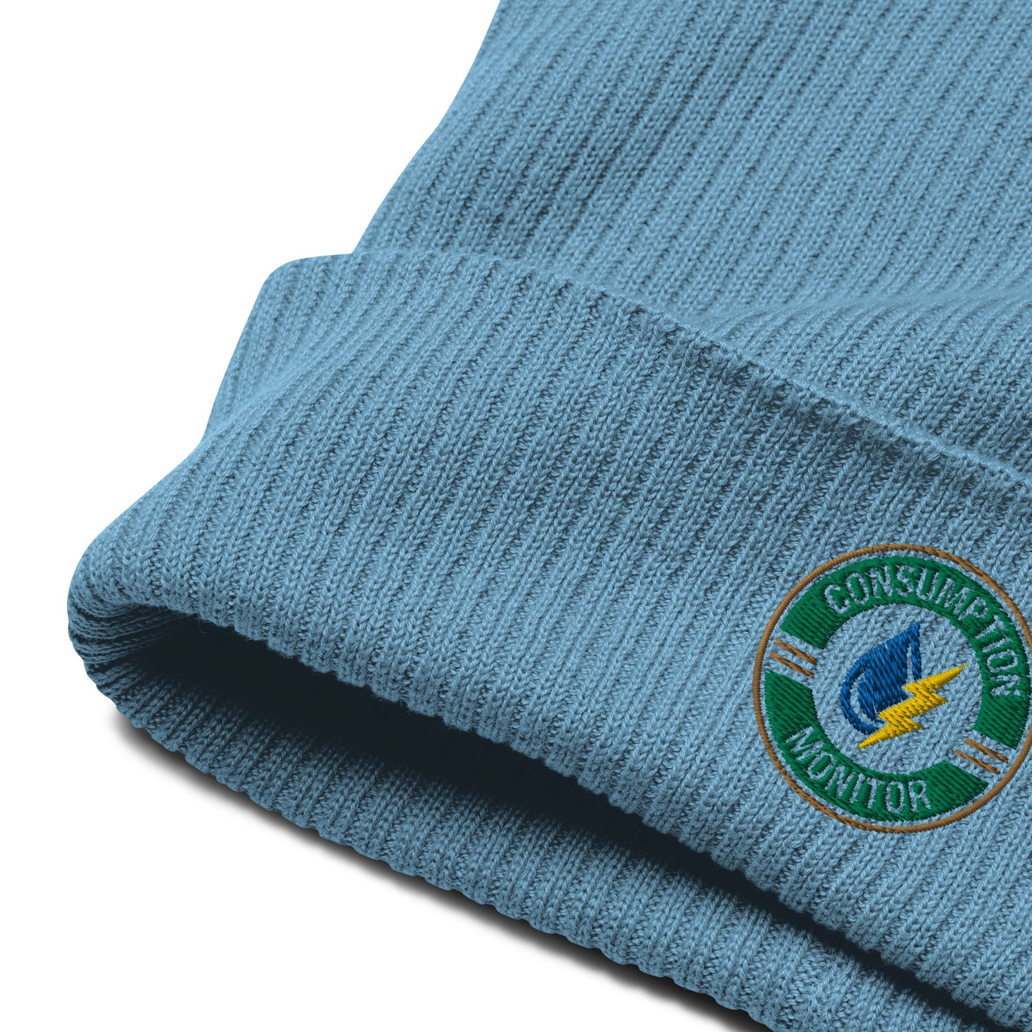 Organic ribbed beanie with “Consumption Monitor" logo embroidered