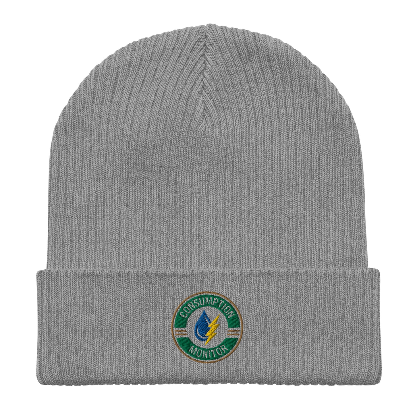 Organic ribbed beanie with “Consumption Monitor" logo embroidered