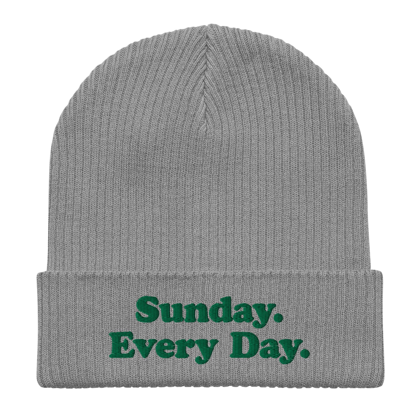 Organic ribbed beanie with “Sunday Every Day” logo embroidered