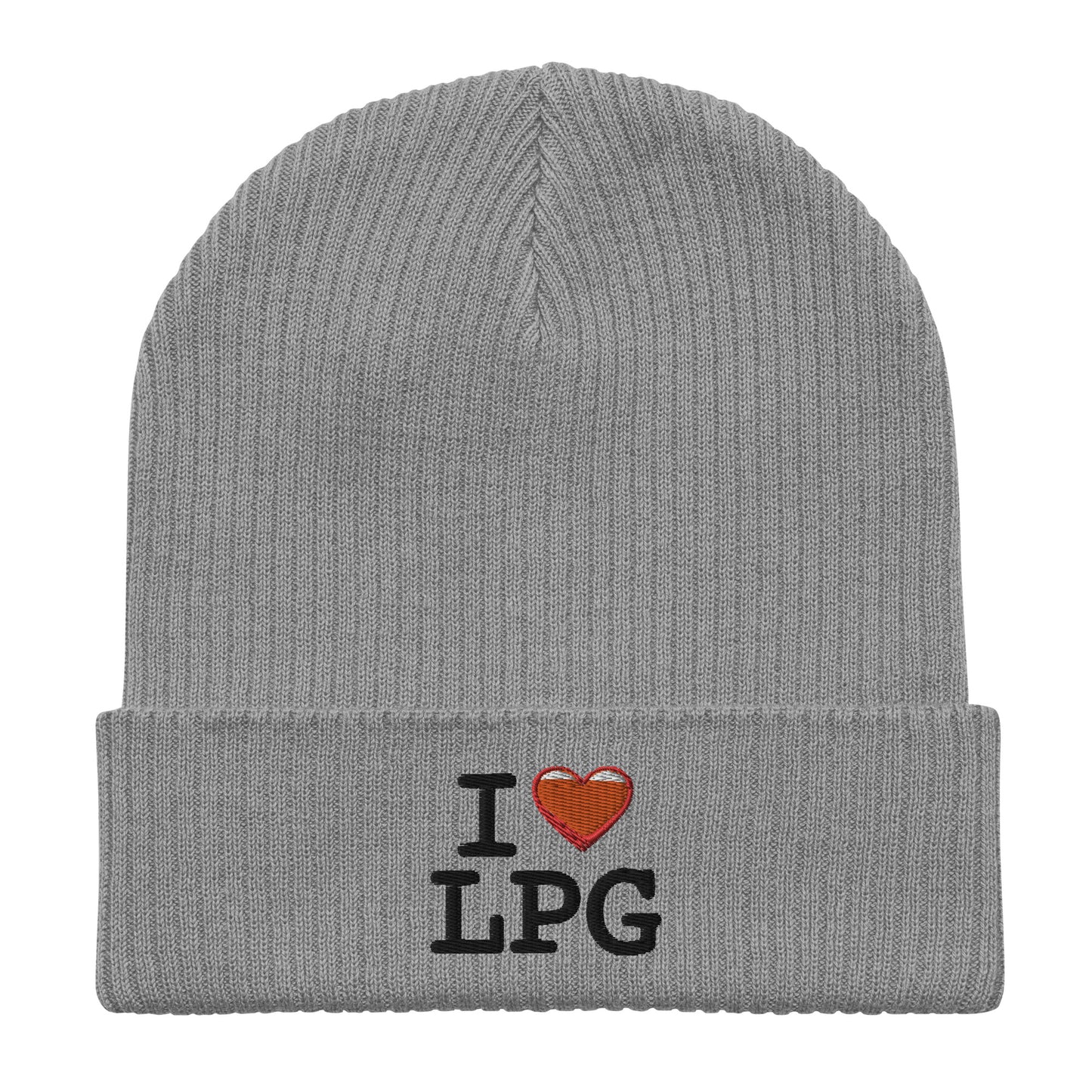 Organic ribbed beanie with “I H LPG” logo