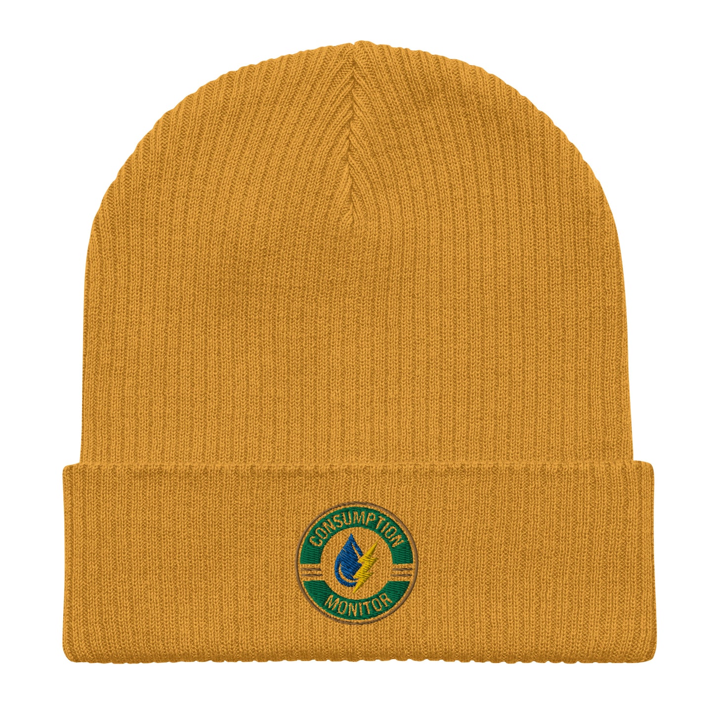 Organic ribbed beanie with “Consumption Monitor" logo embroidered