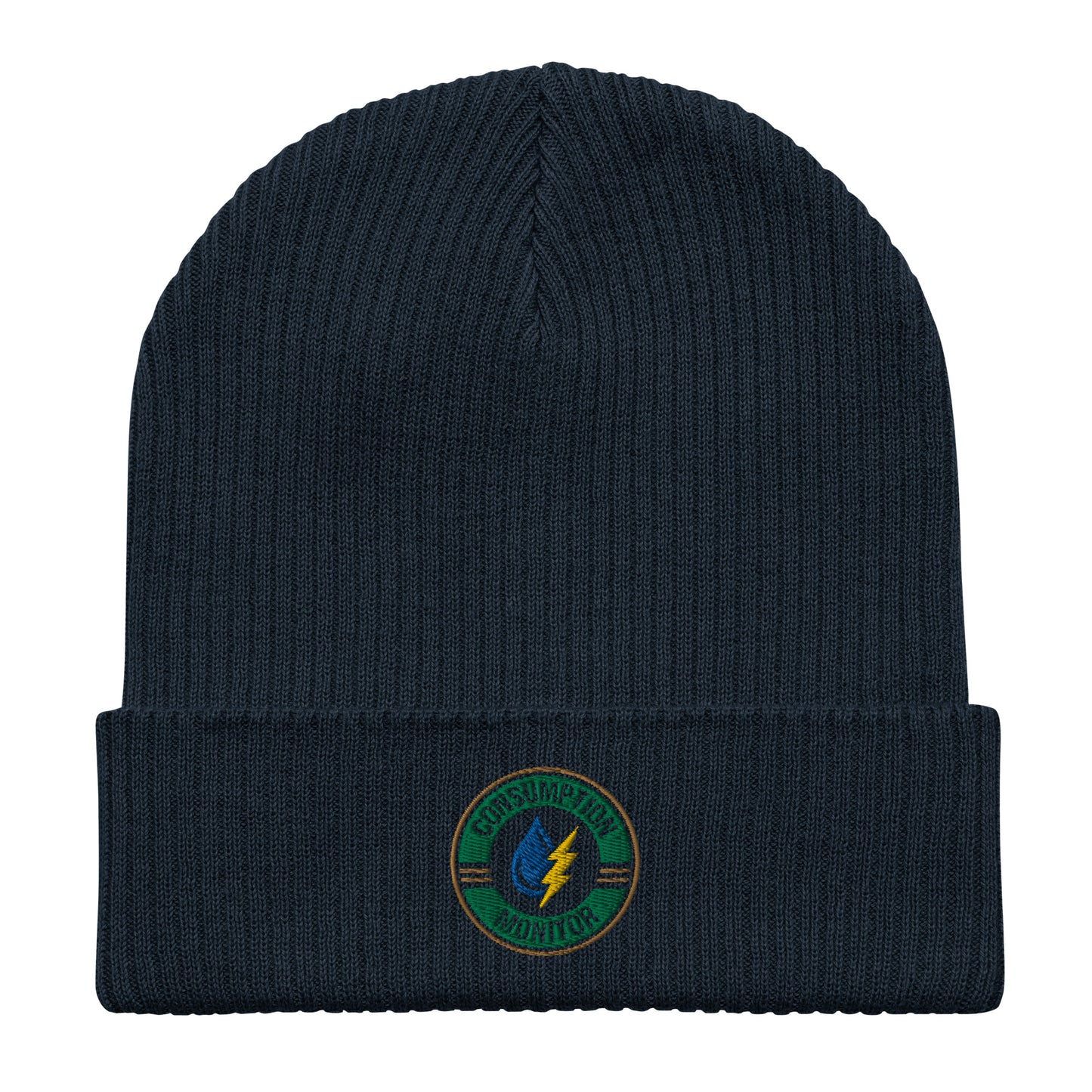 Organic ribbed beanie with “Consumption Monitor" logo embroidered