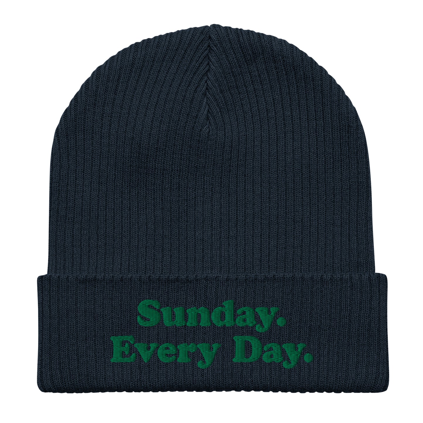 Organic ribbed beanie with “Sunday Every Day” logo embroidered