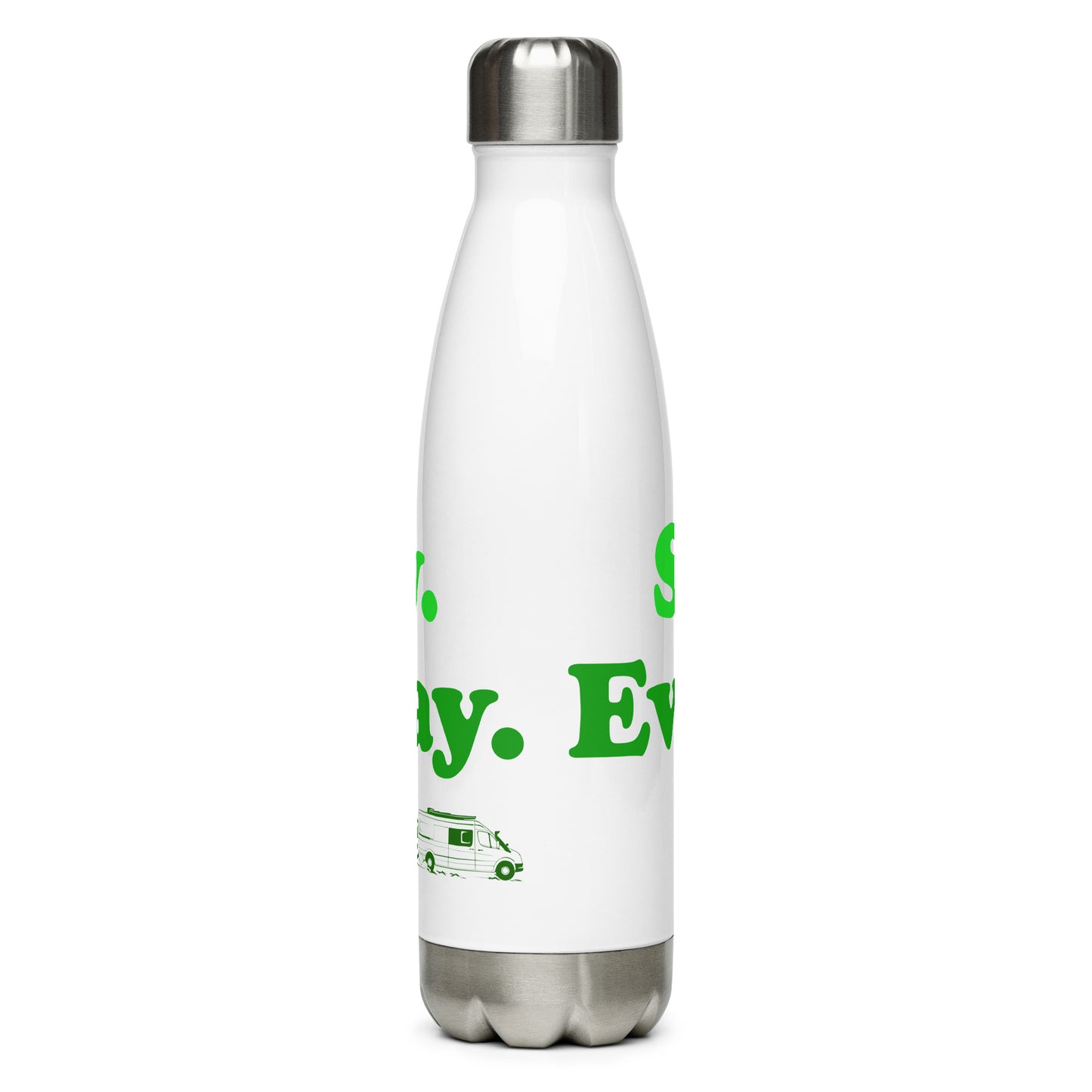 Stainless steel water bottle with “Sunday Every Day” logo