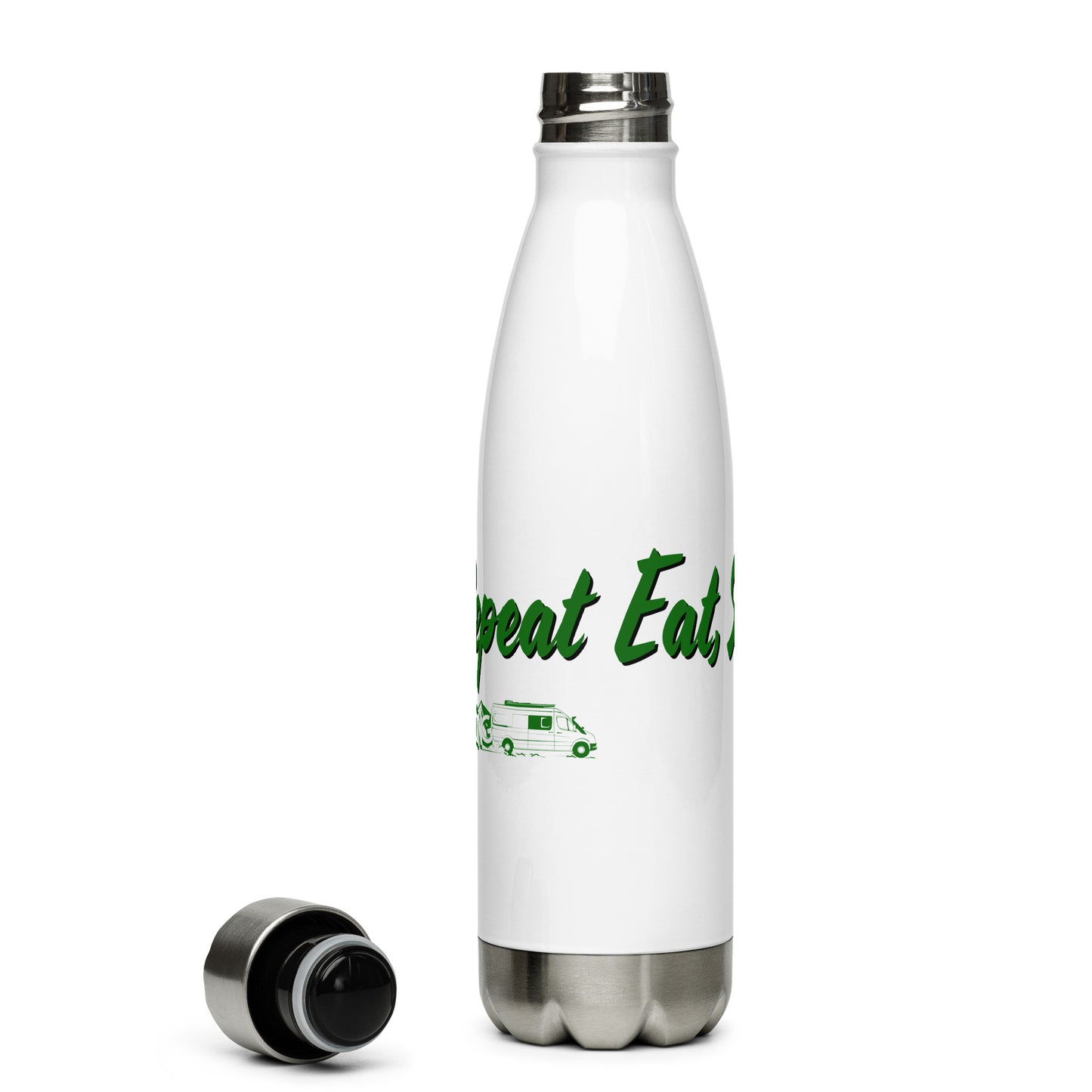 Stainless steel water bottle with “Eat Sweep Drive Repeat” logo