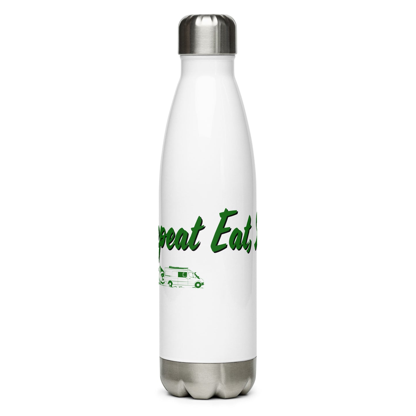 Stainless steel water bottle with “Eat Sweep Drive Repeat” logo