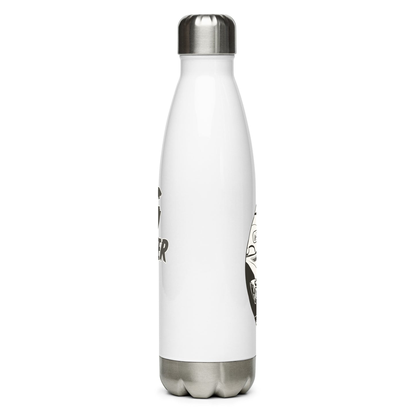 Stainless steel water bottle with “The MPG Master” (M) logo