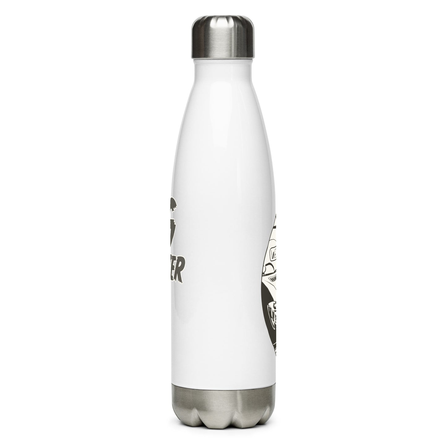 Stainless steel water bottle with “The MPG Master” (F) logo