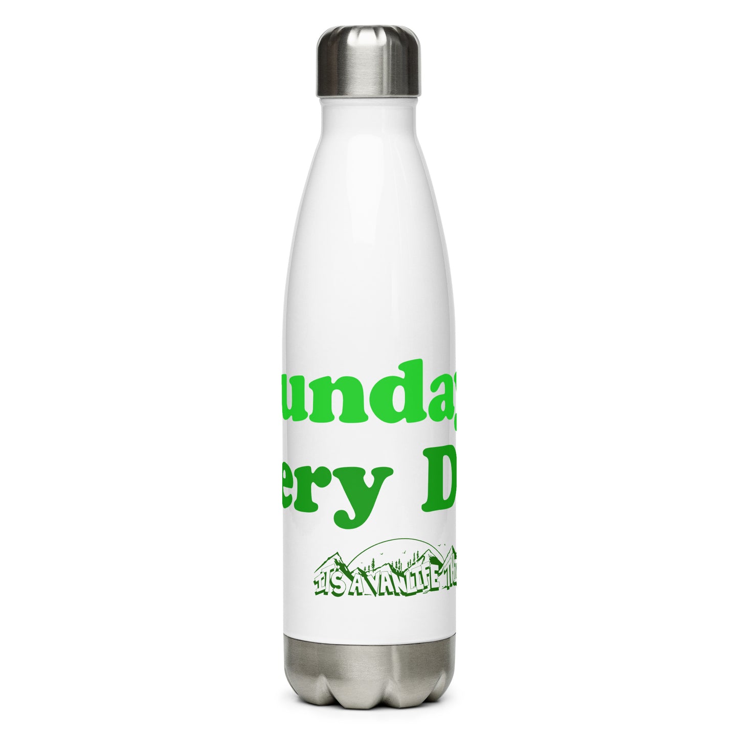 Stainless steel water bottle with “Sunday Every Day” logo