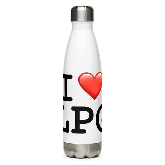 Stainless steel water bottle with “I H LPG” logo