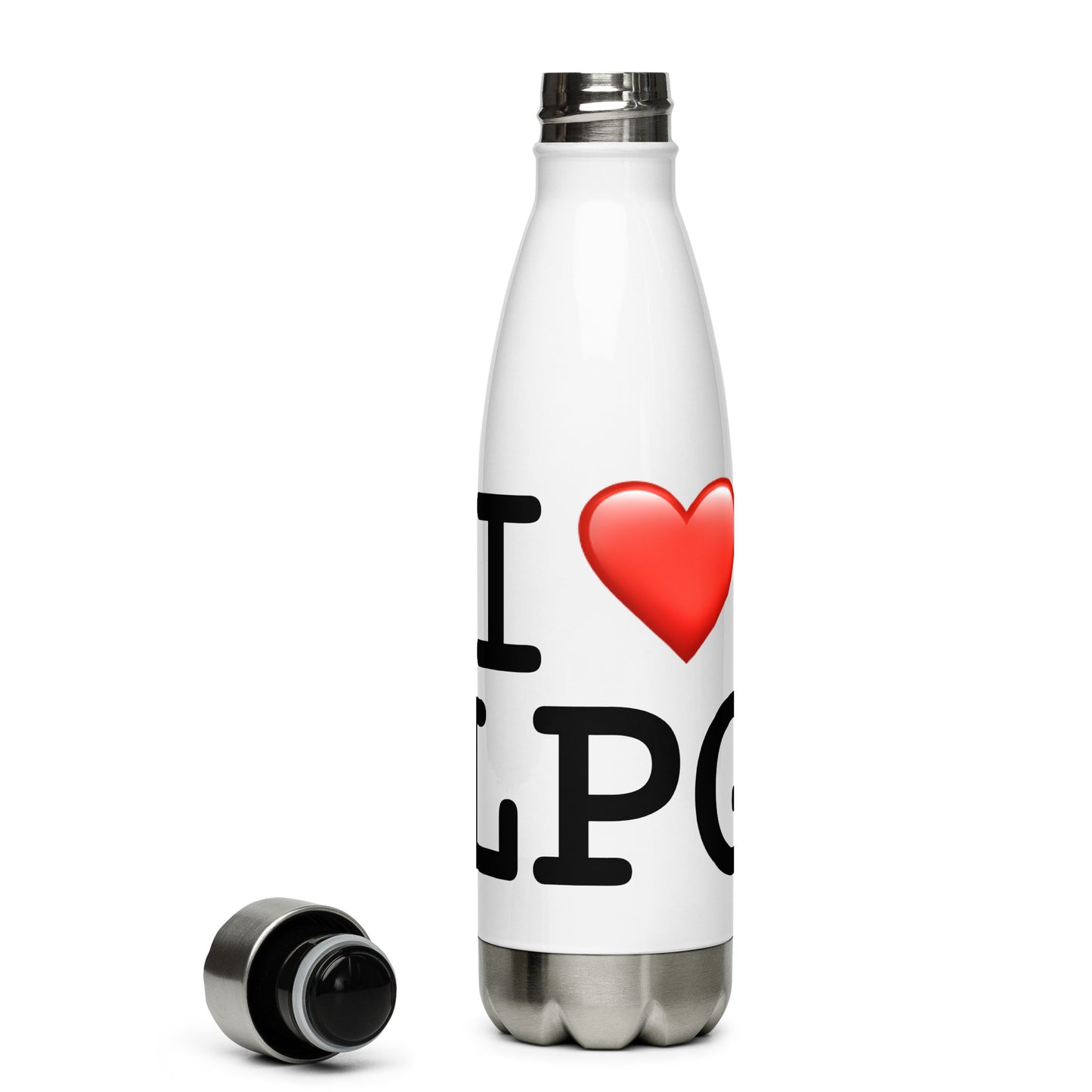 Stainless steel water bottle with “I H LPG” logo