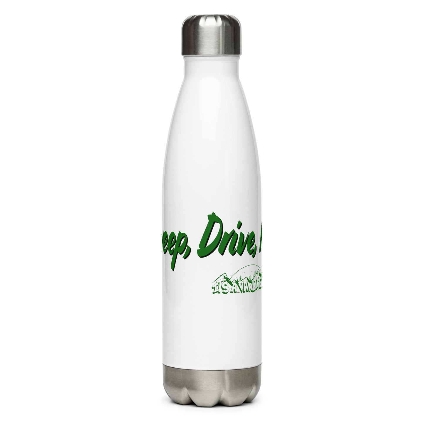 Stainless steel water bottle with “Eat Sweep Drive Repeat” logo