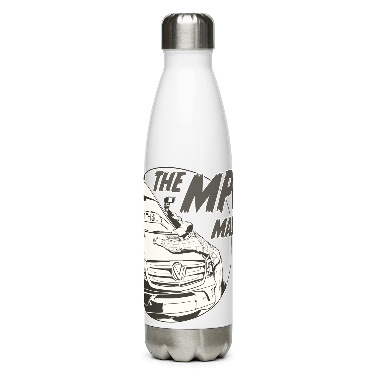 Stainless steel water bottle with “The MPG Master” (M) logo