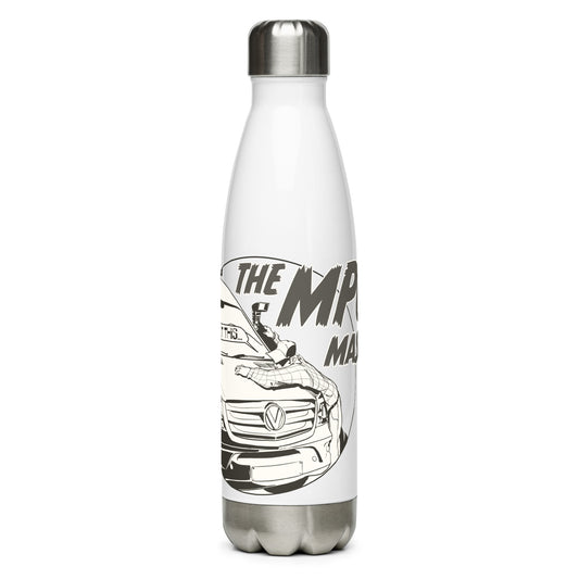 Stainless steel water bottle with “The MPG Master” (M) logo