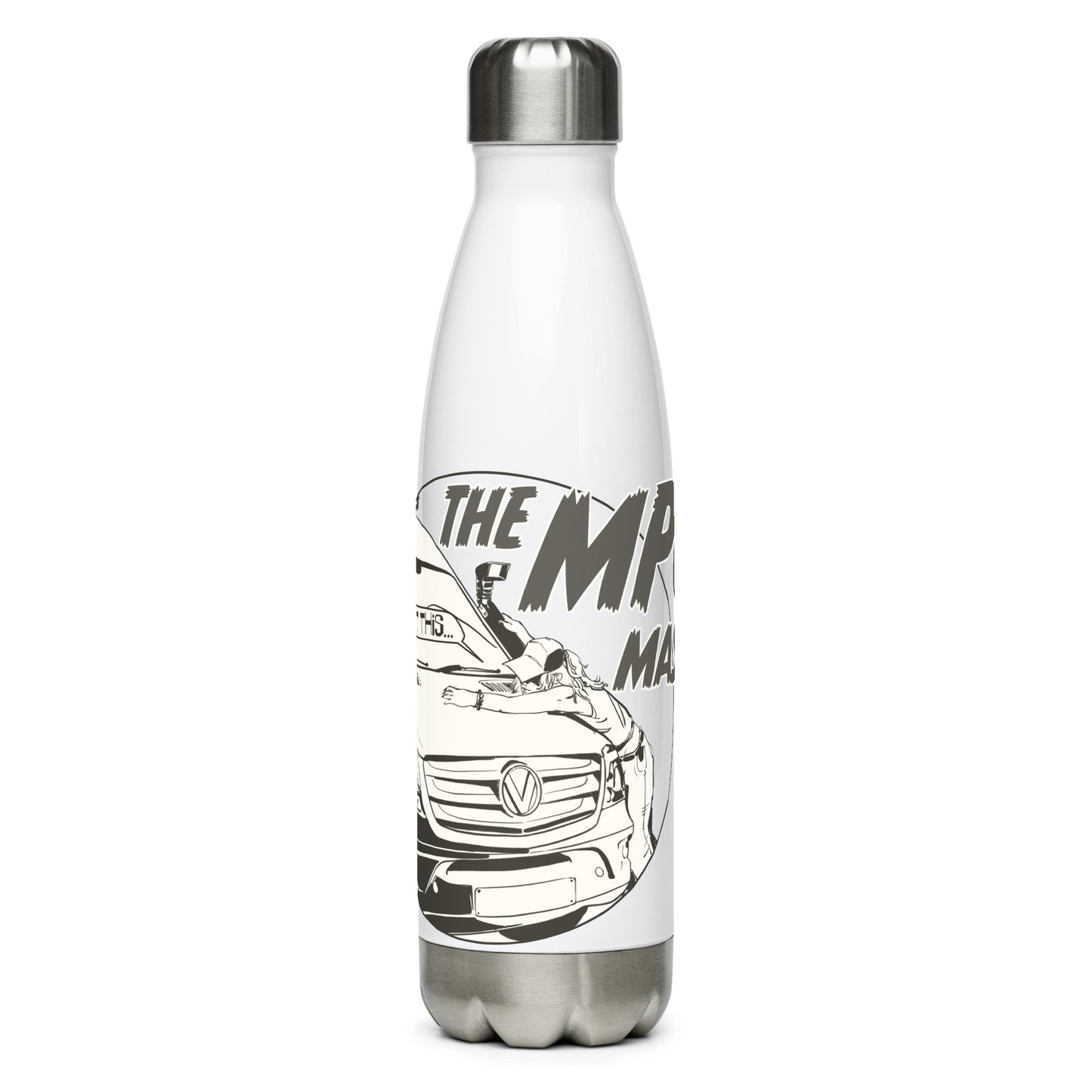 Stainless steel water bottle with “The MPG Master” (F) logo