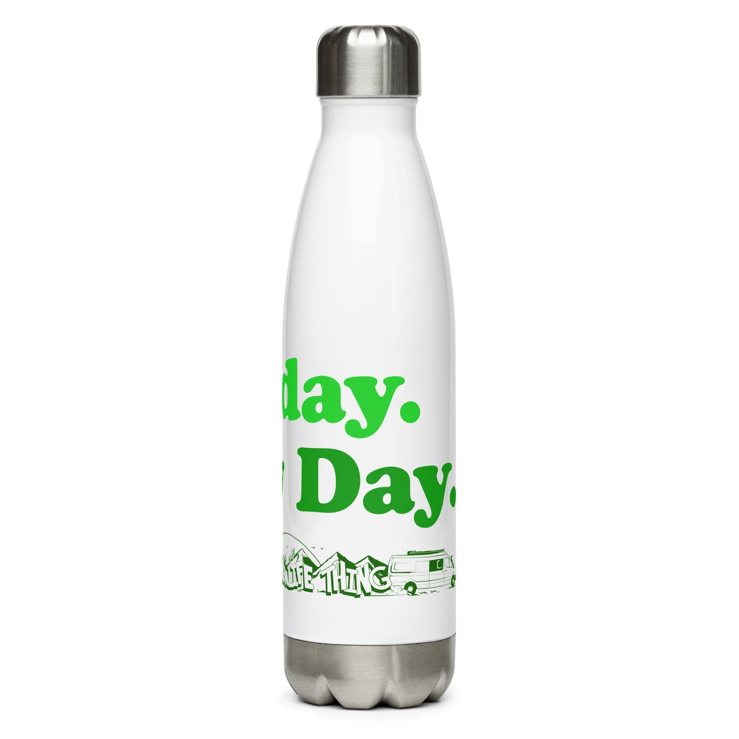 Stainless steel water bottle with “Sunday Every Day” logo