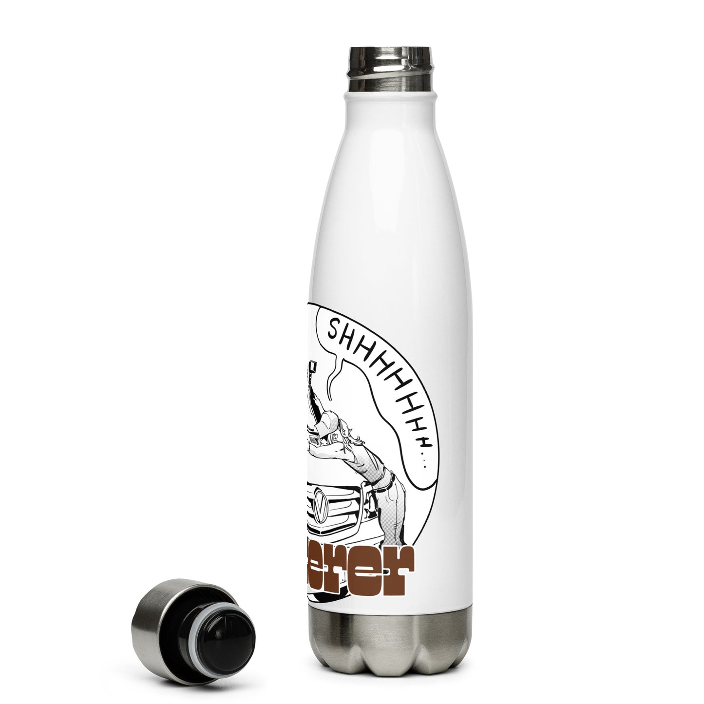 Stainless steel water bottle with “The Van Whisperer” (F) logo