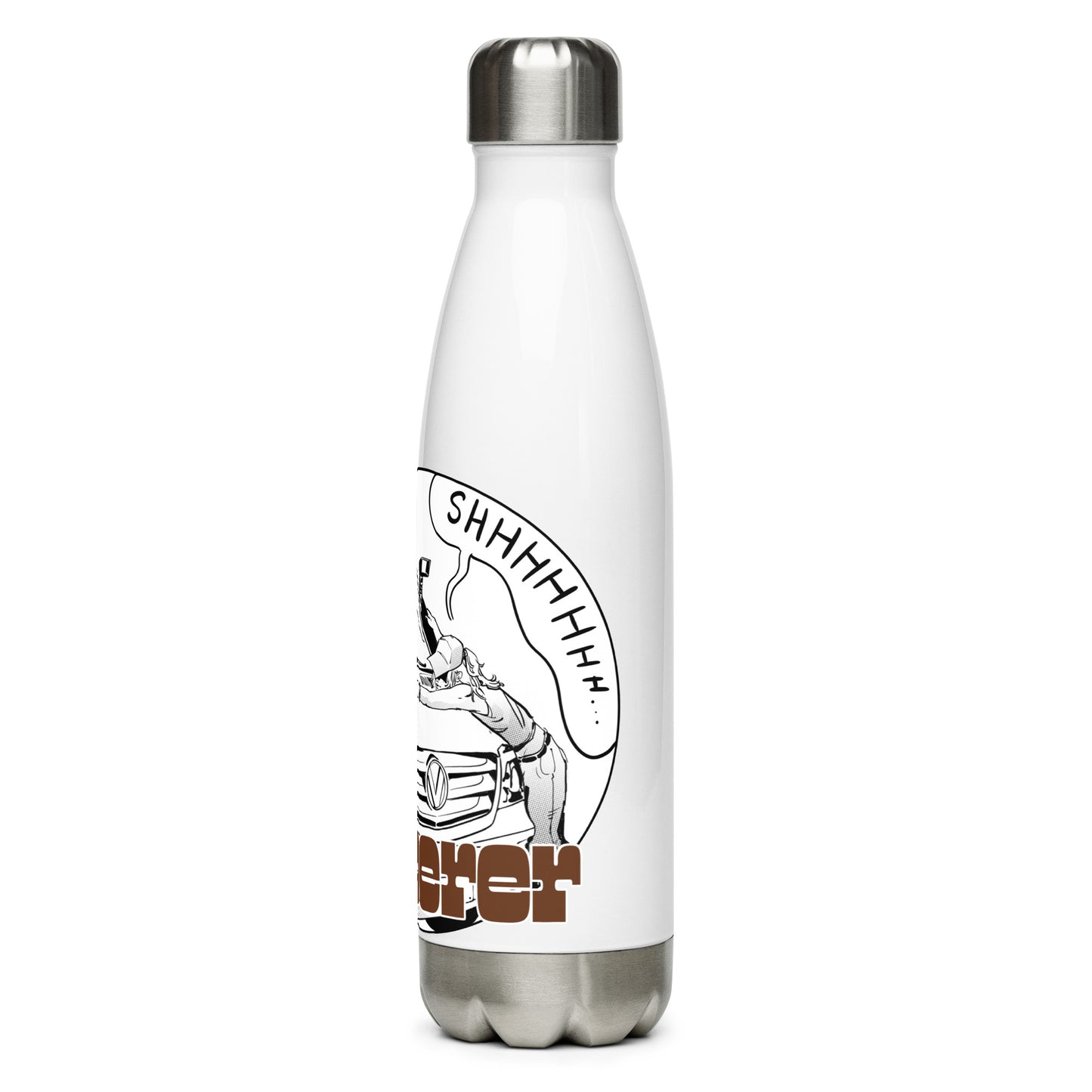 Stainless steel water bottle with “The Van Whisperer” (F) logo