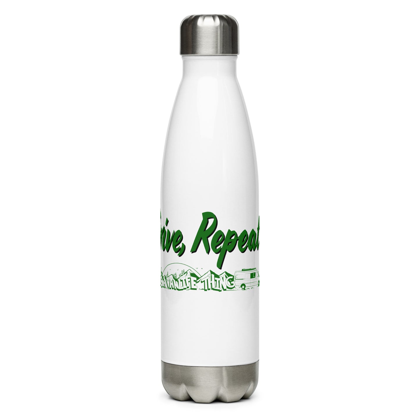 Stainless steel water bottle with “Eat Sweep Drive Repeat” logo