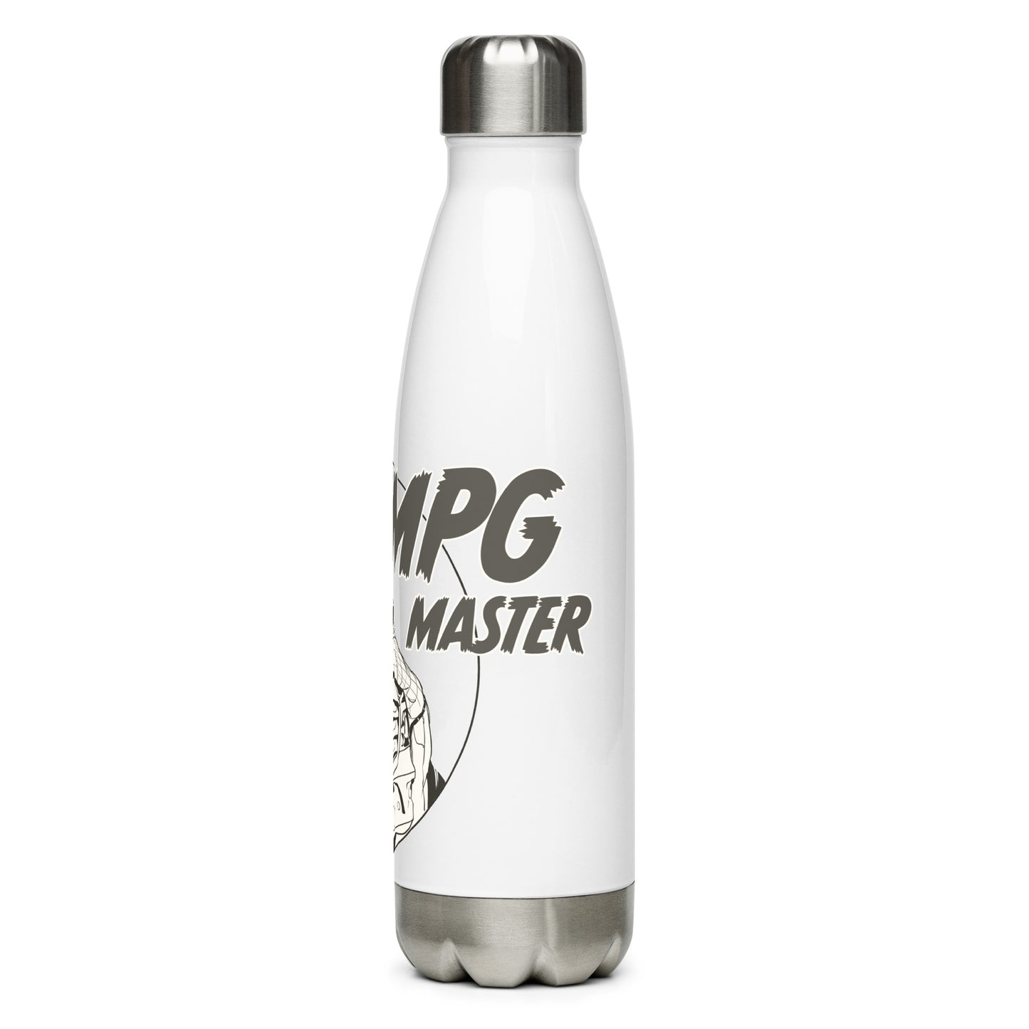 Stainless steel water bottle with “The MPG Master” (M) logo