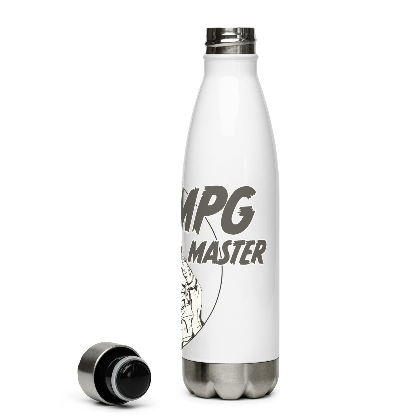 Stainless steel water bottle with “The MPG Master” (F) logo