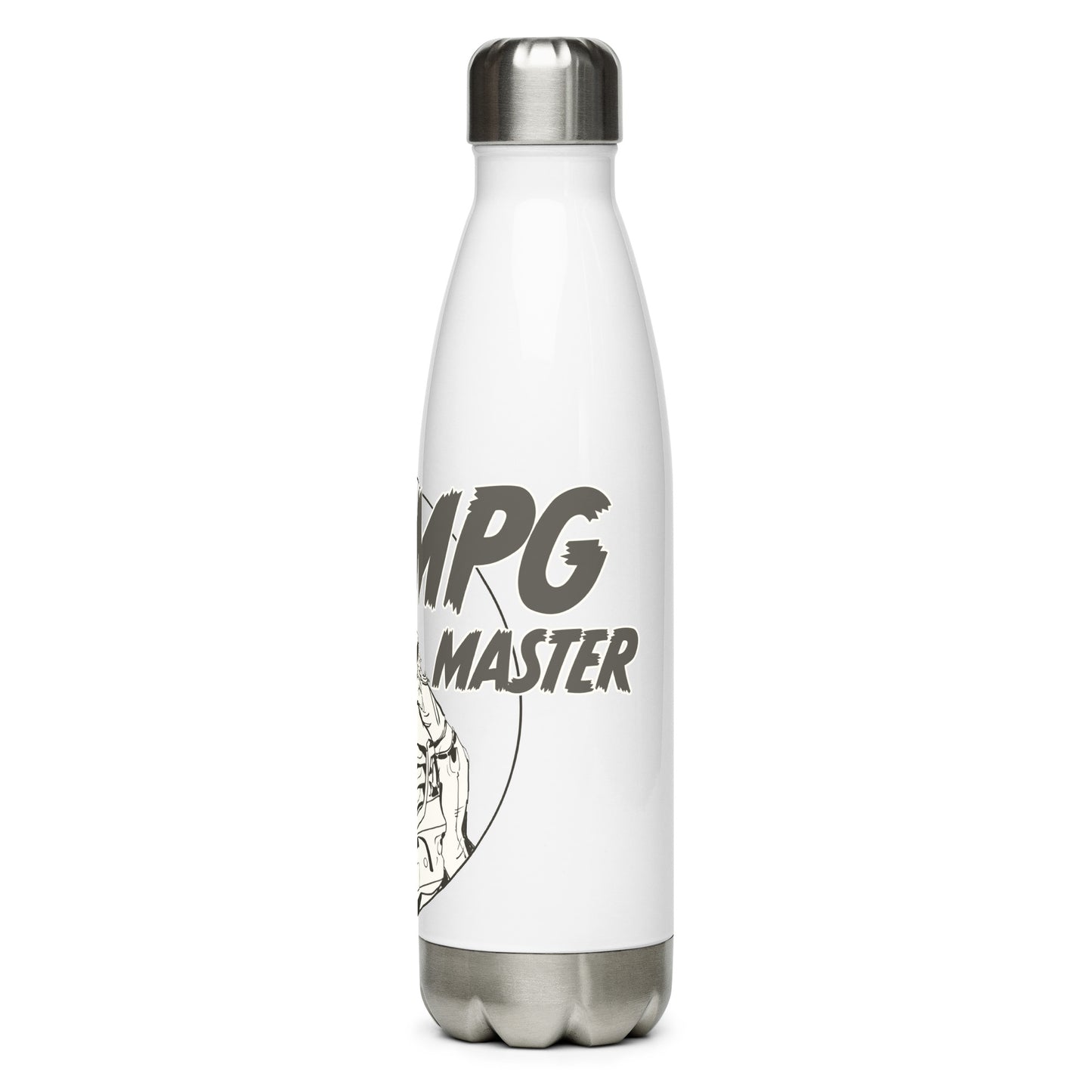 Stainless steel water bottle with “The MPG Master” (F) logo