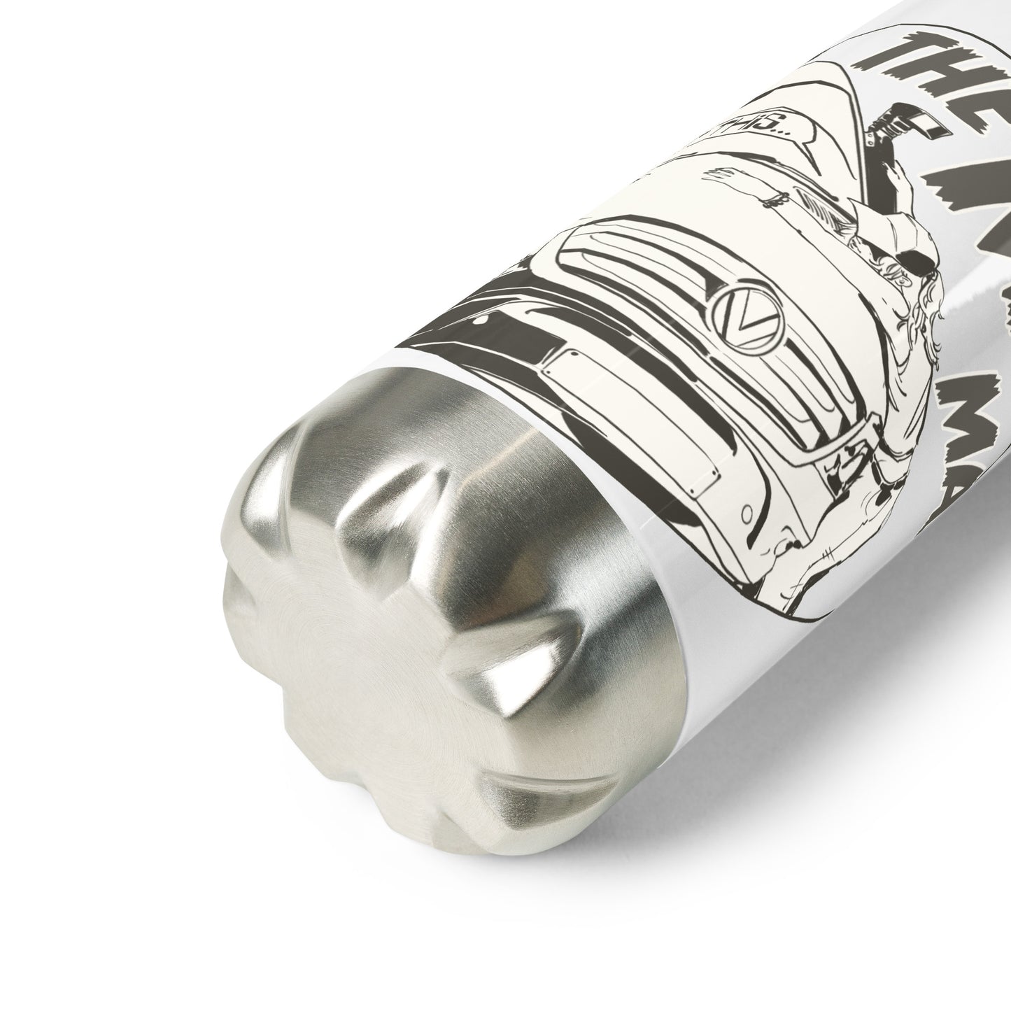 Stainless steel water bottle with “The MPG Master” (F) logo