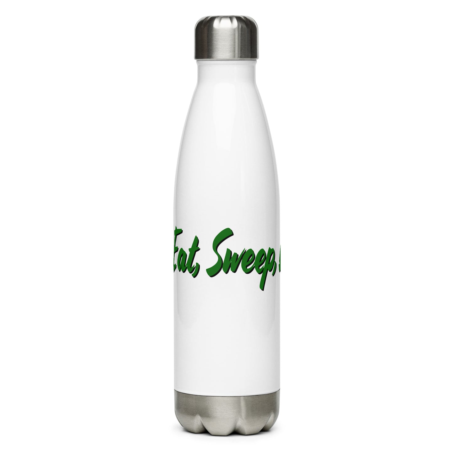 Stainless steel water bottle with “Eat Sweep Drive Repeat” logo