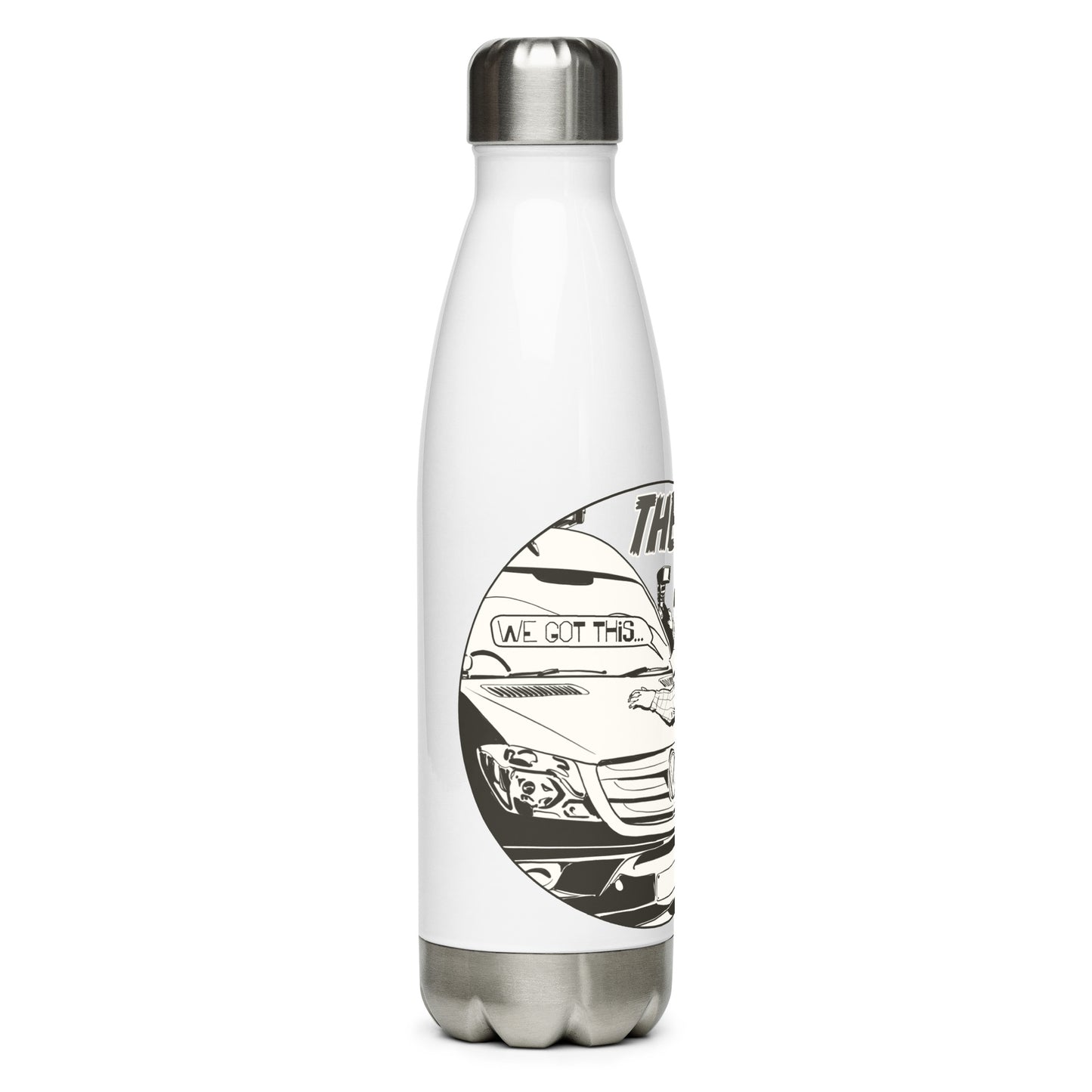 Stainless steel water bottle with “The MPG Master” (M) logo