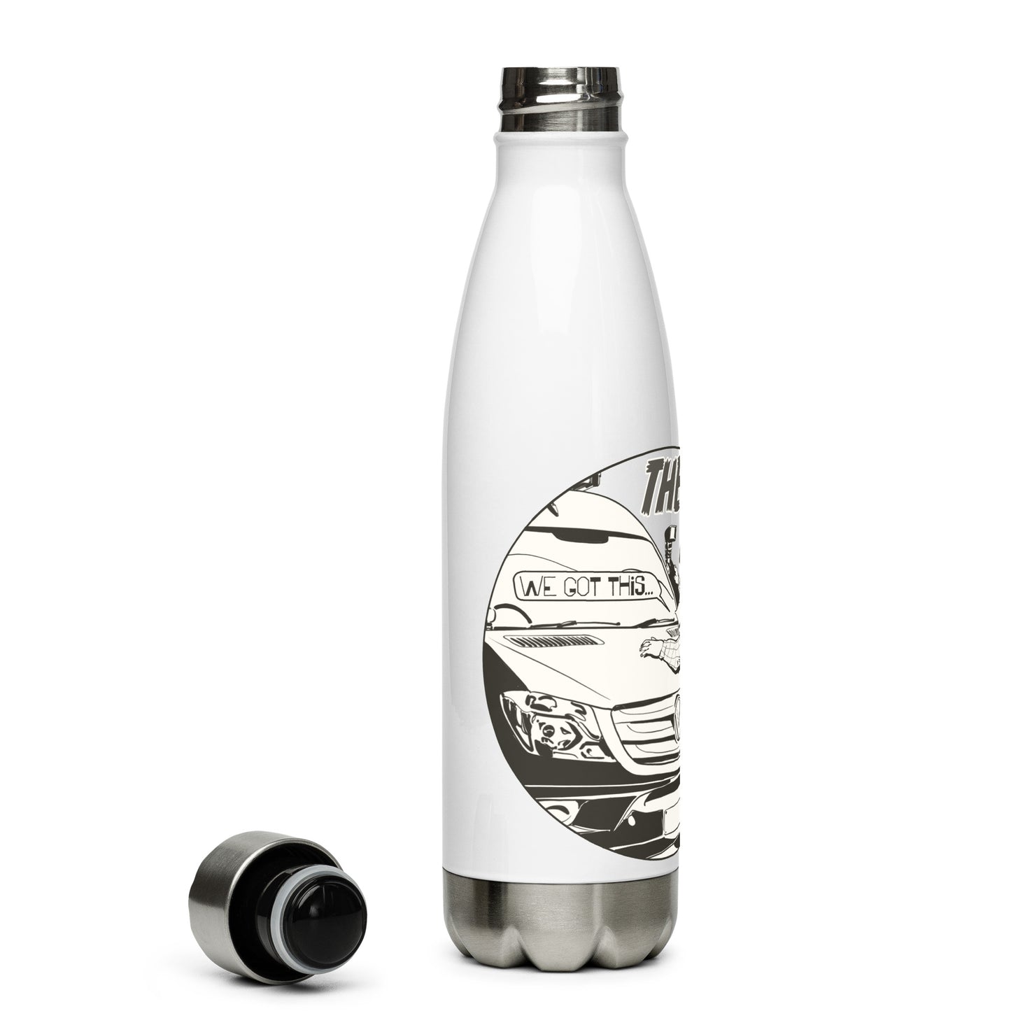 Stainless steel water bottle with “The MPG Master” (M) logo