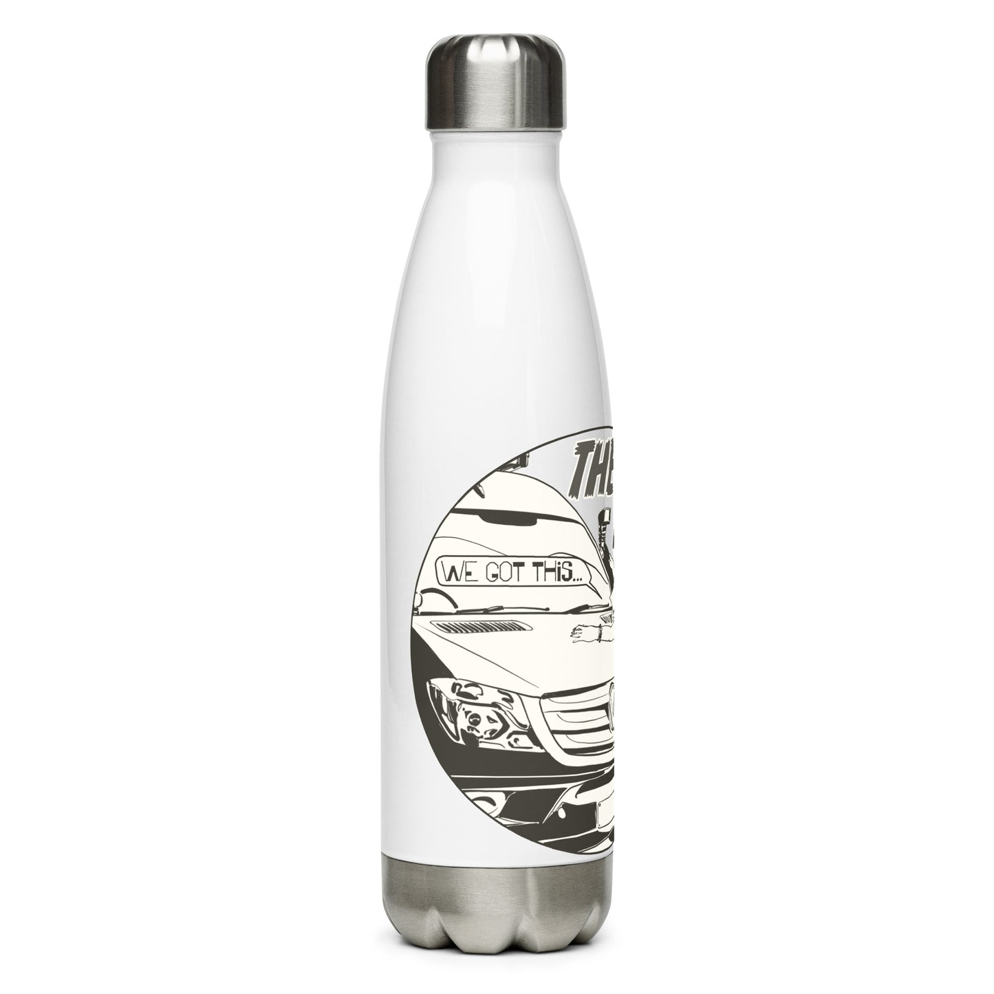 Stainless steel water bottle with “The MPG Master” (F) logo