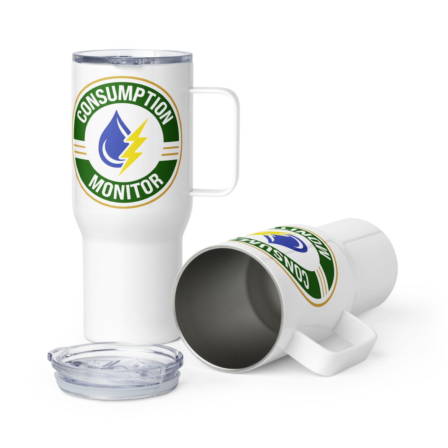 Travel mug with a handle - “Consumption Monitor" logo