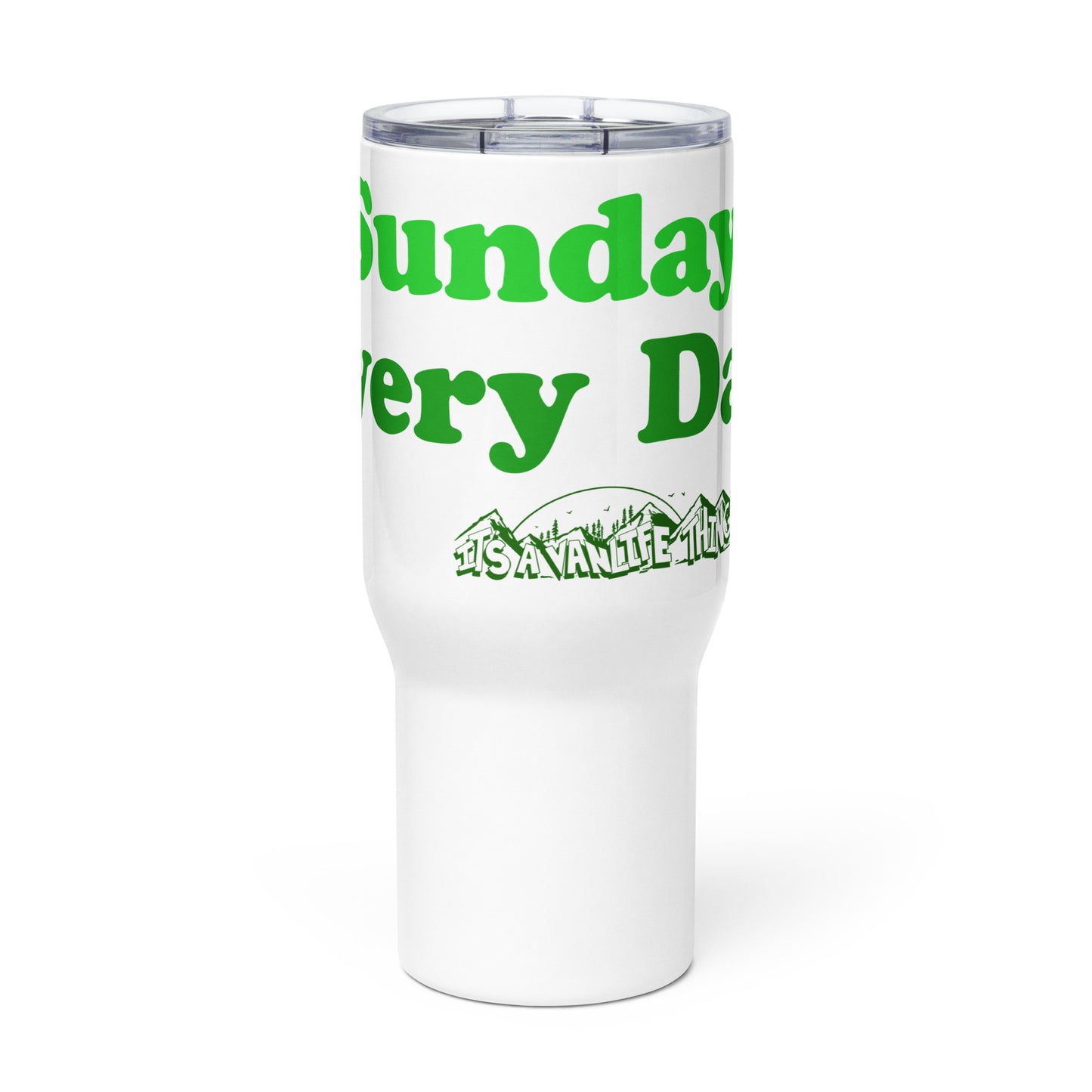 Travel mug with a handle with “Sunday Every Day” logo