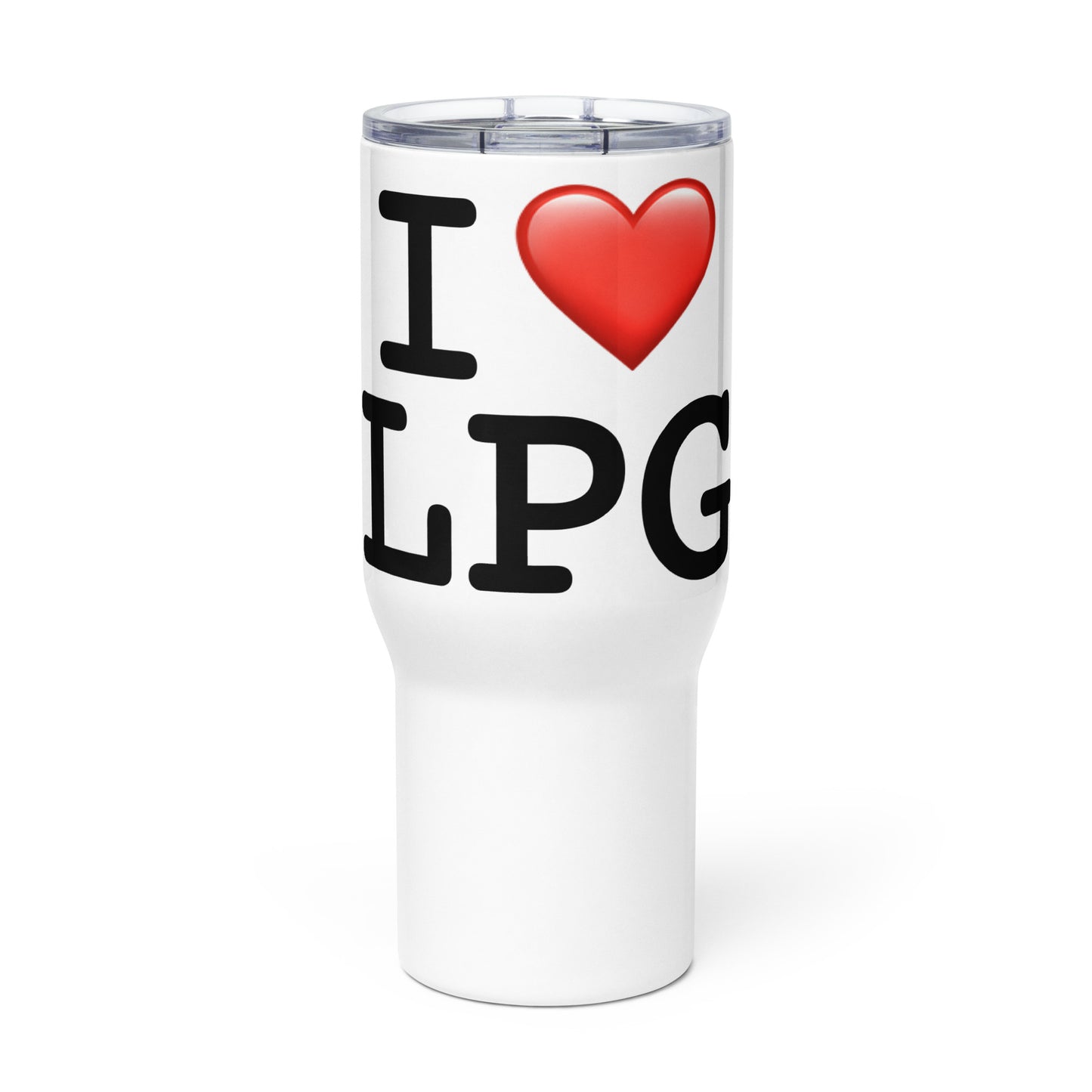 Travel mug with a handle with “I H LPG” logo