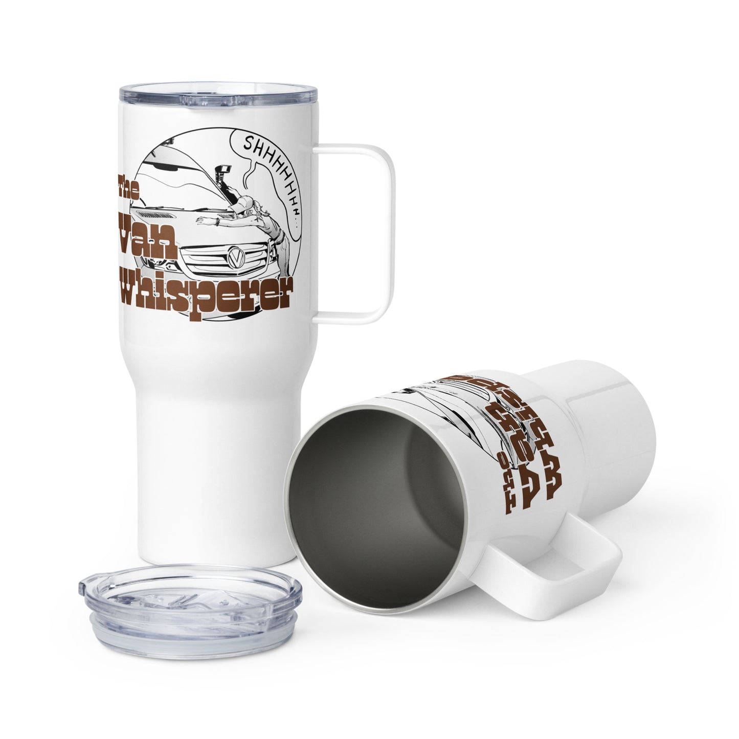 Travel mug with a handle with “The Van Whisperer” (F) logo